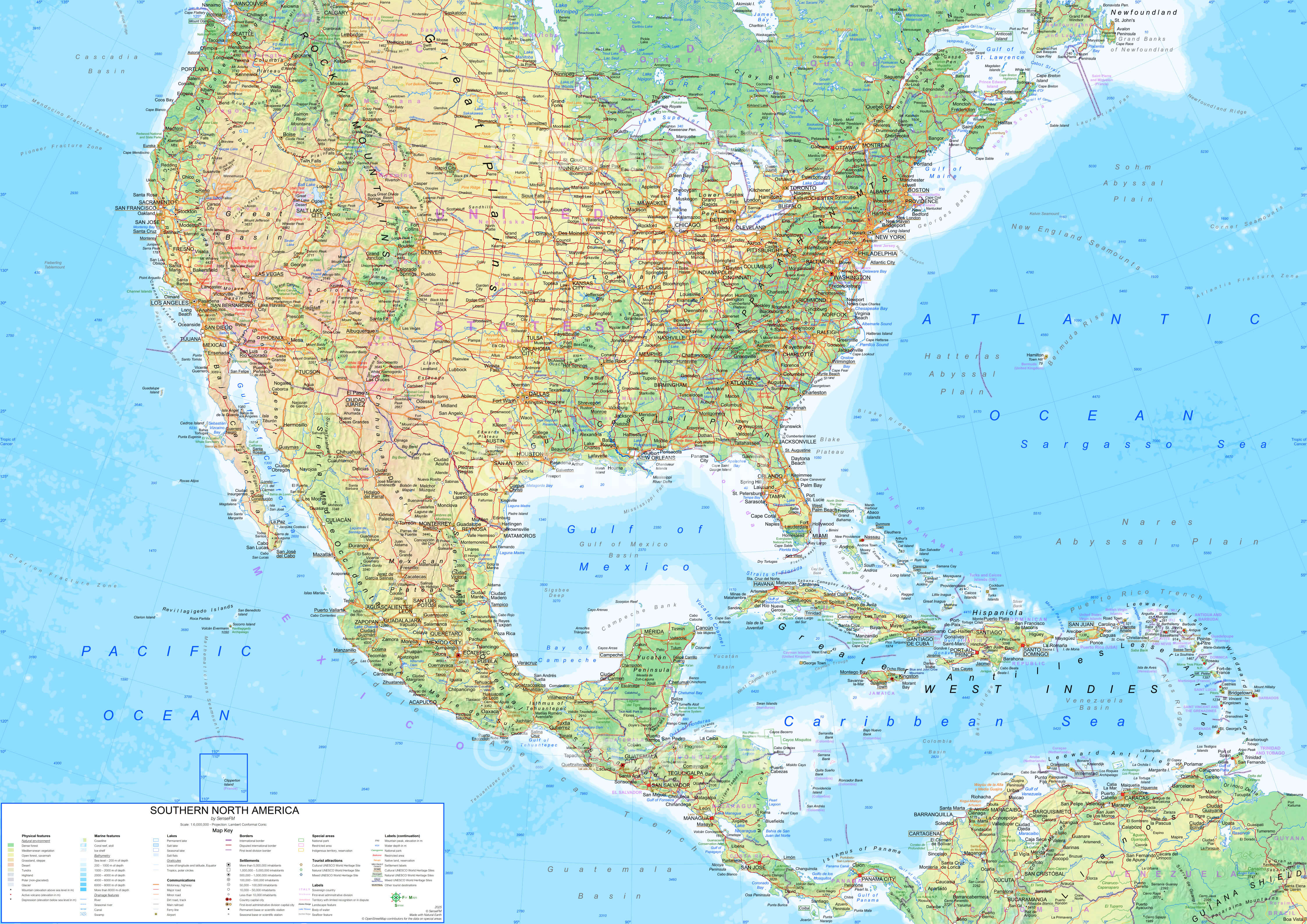 North America Map 19 Souhern North America physical map