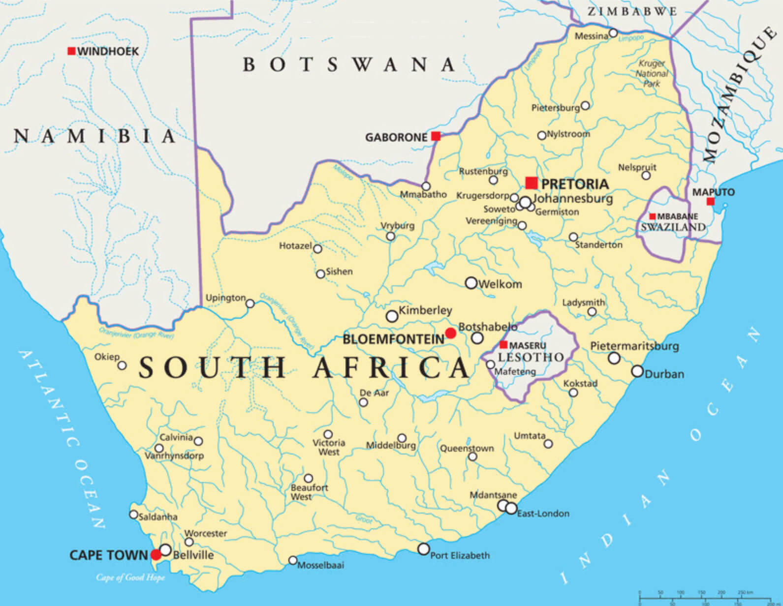 South Africa Largest Cities Map with Rivers