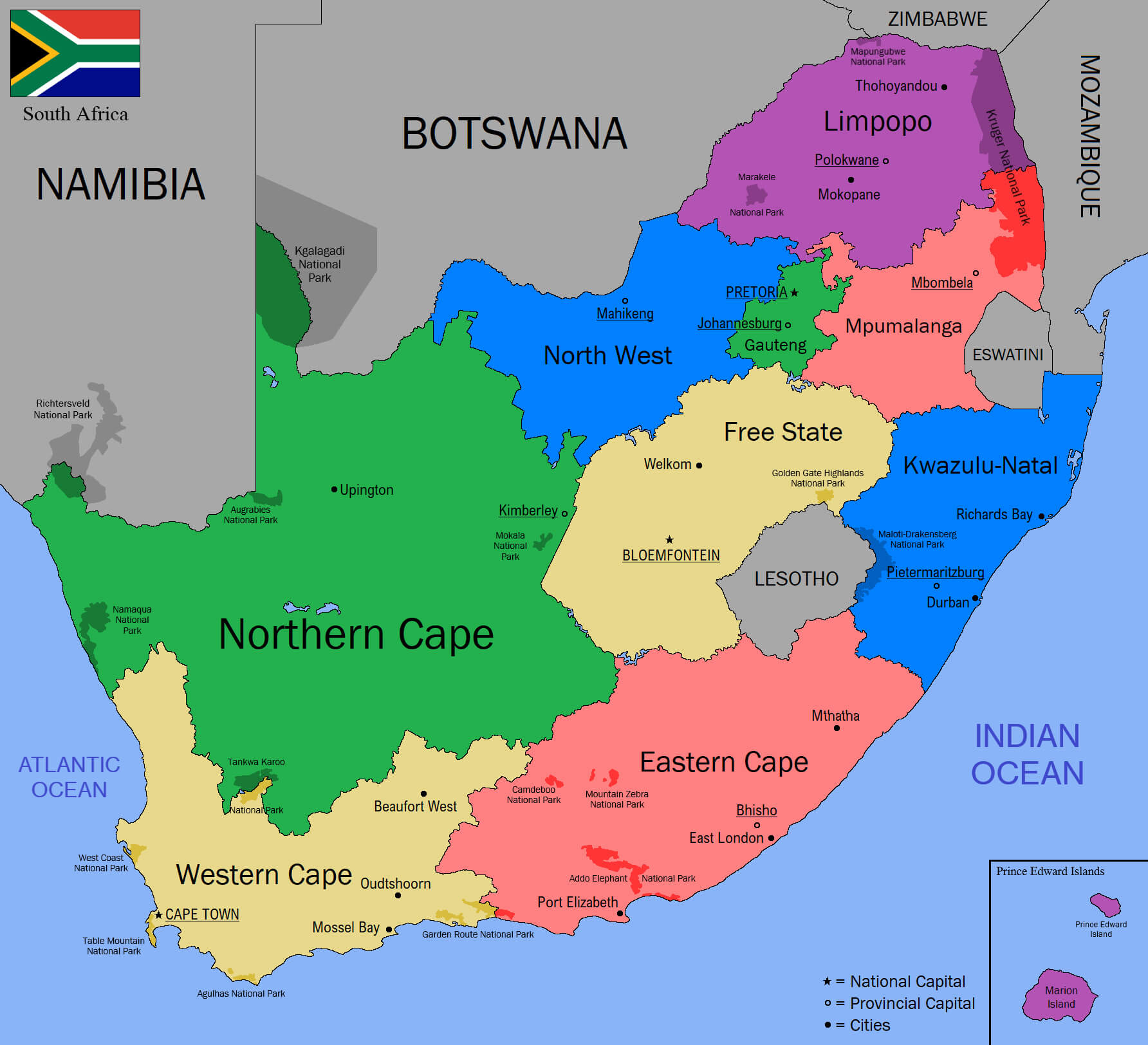 South Africa National Borders Map with Flag