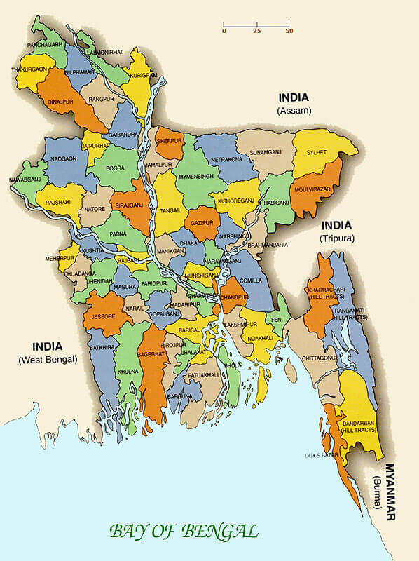 Map of Bangladesh with districts, borders, and neighboring countries