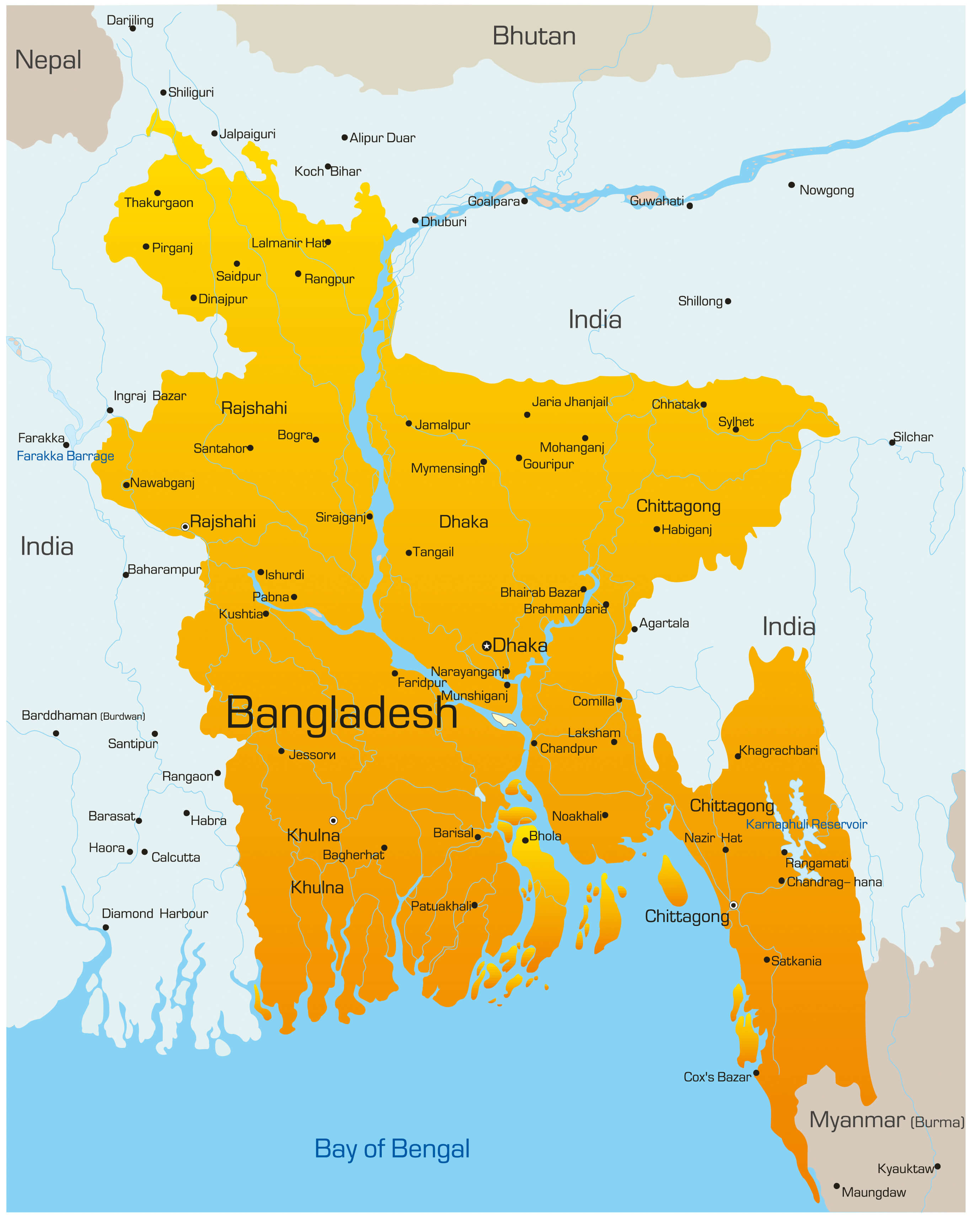 Bangladesh Map Highlighting Major Cities and Regions