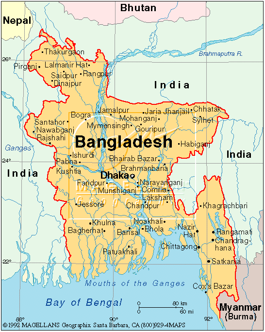 Bangladesh map showing major cities, rivers, and borders with India and Myanmar