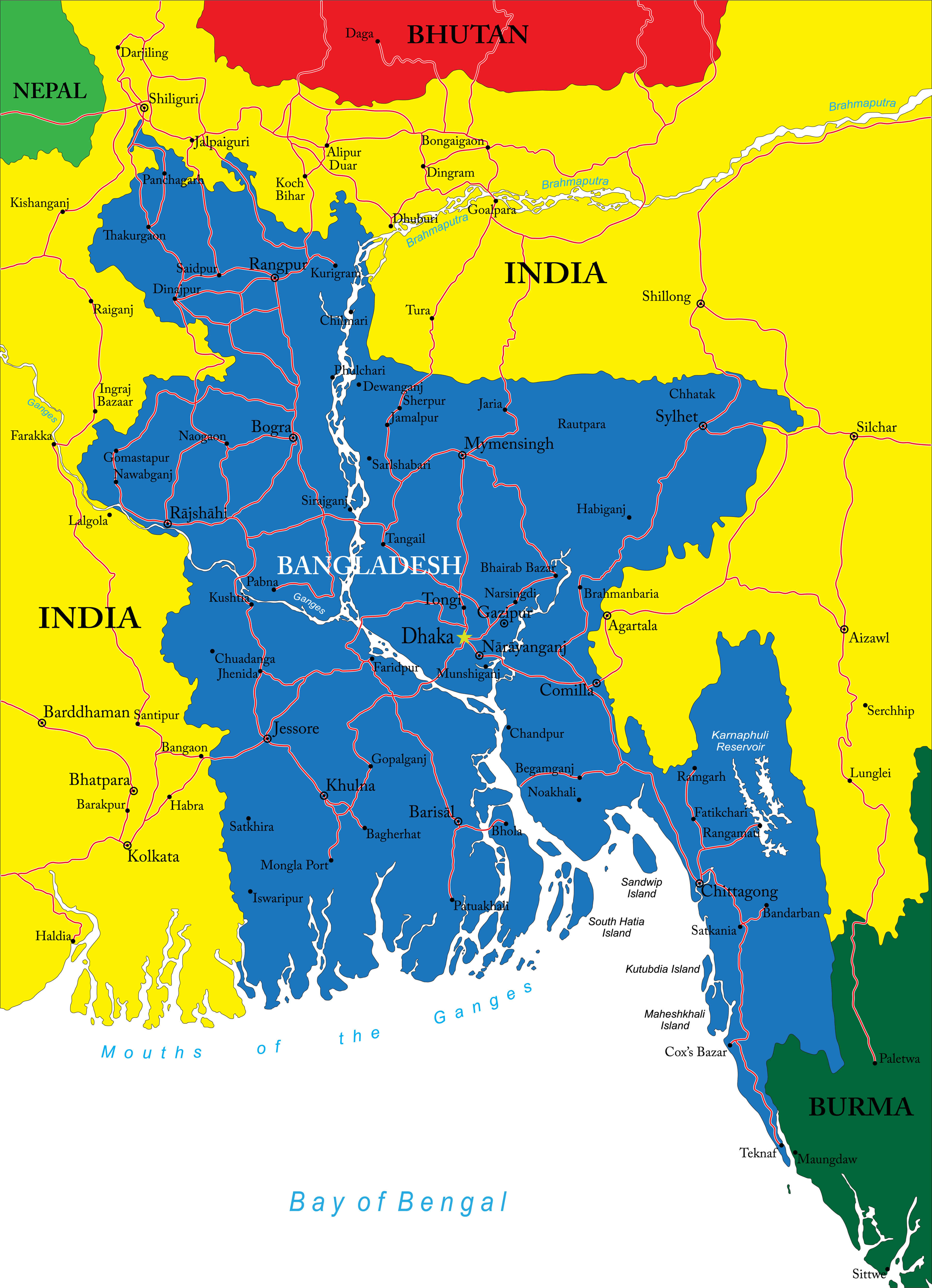 Bangladesh political map with cities