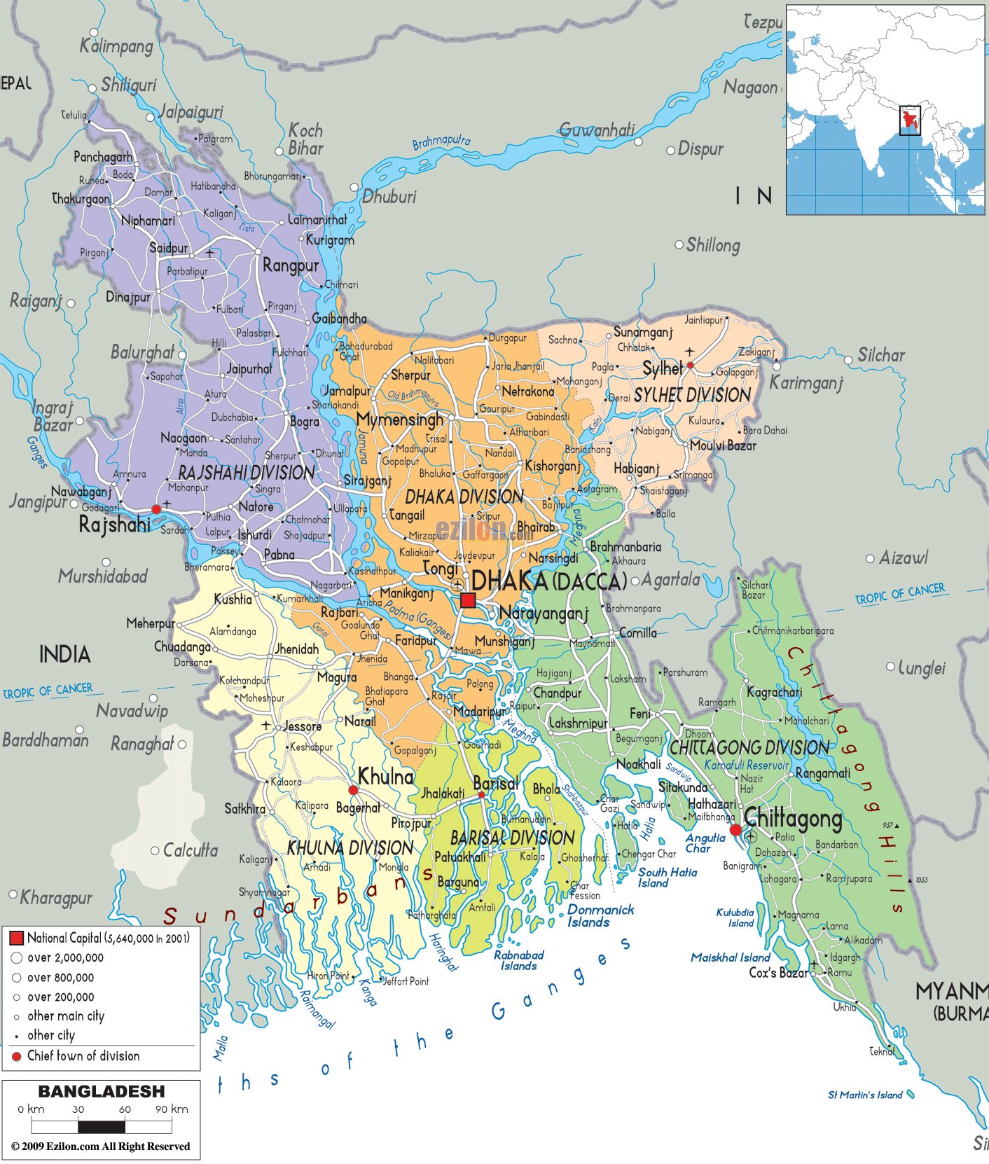 Map of Bangladesh showing divisions, major cities, and rivers