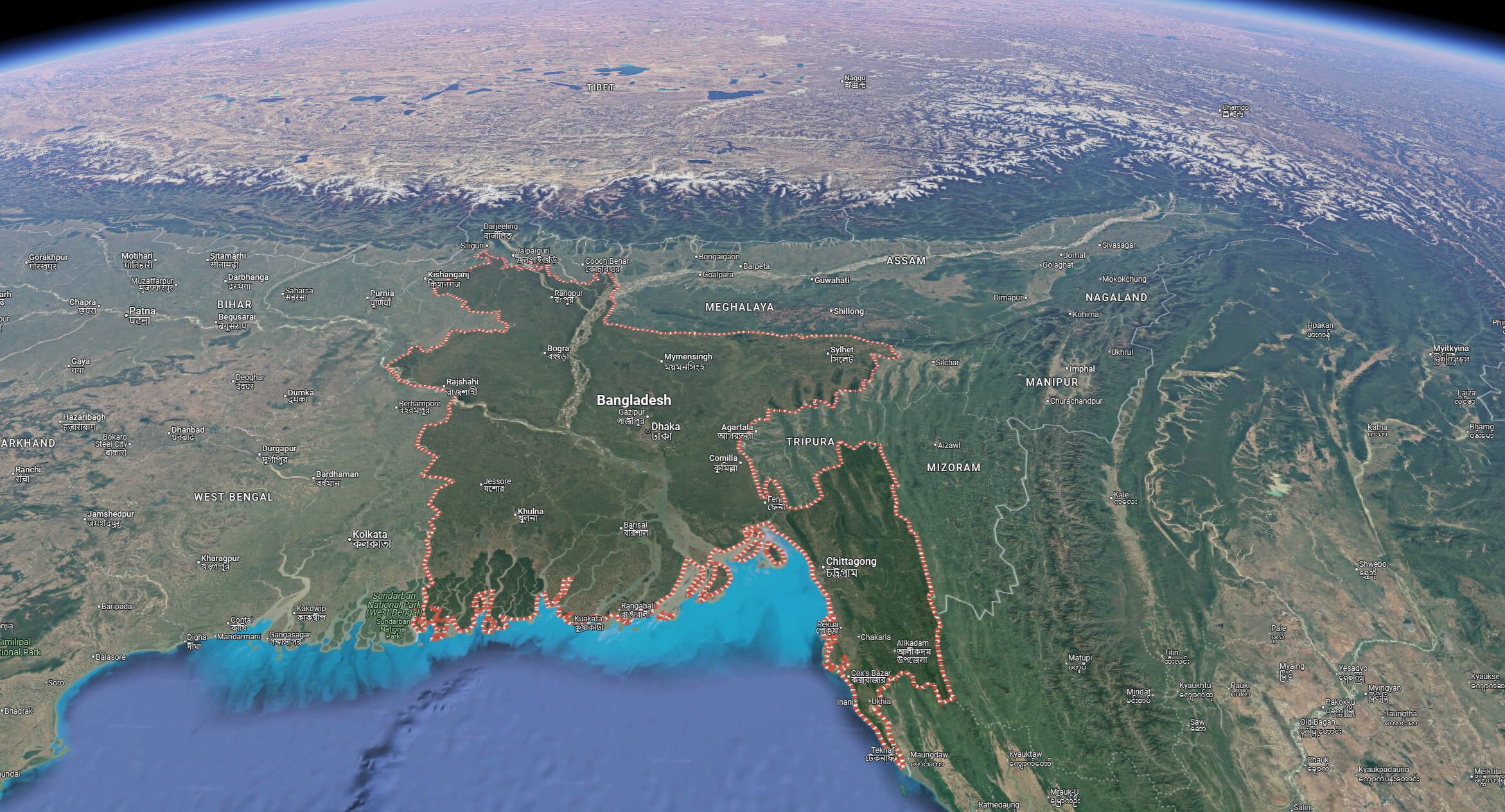 Bangladesh satellite map with himalayas