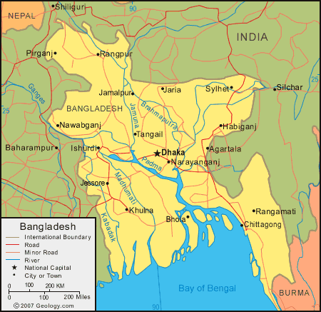 Map of Bangladesh highlighting major cities, rivers, and borders