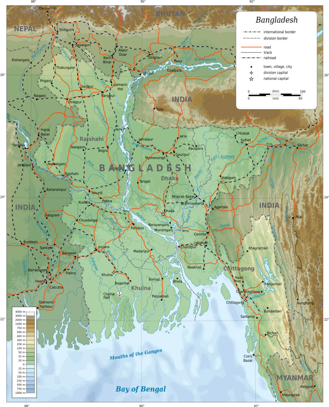 Bangladesh physical map with elevation, roads, rivers, and major cities