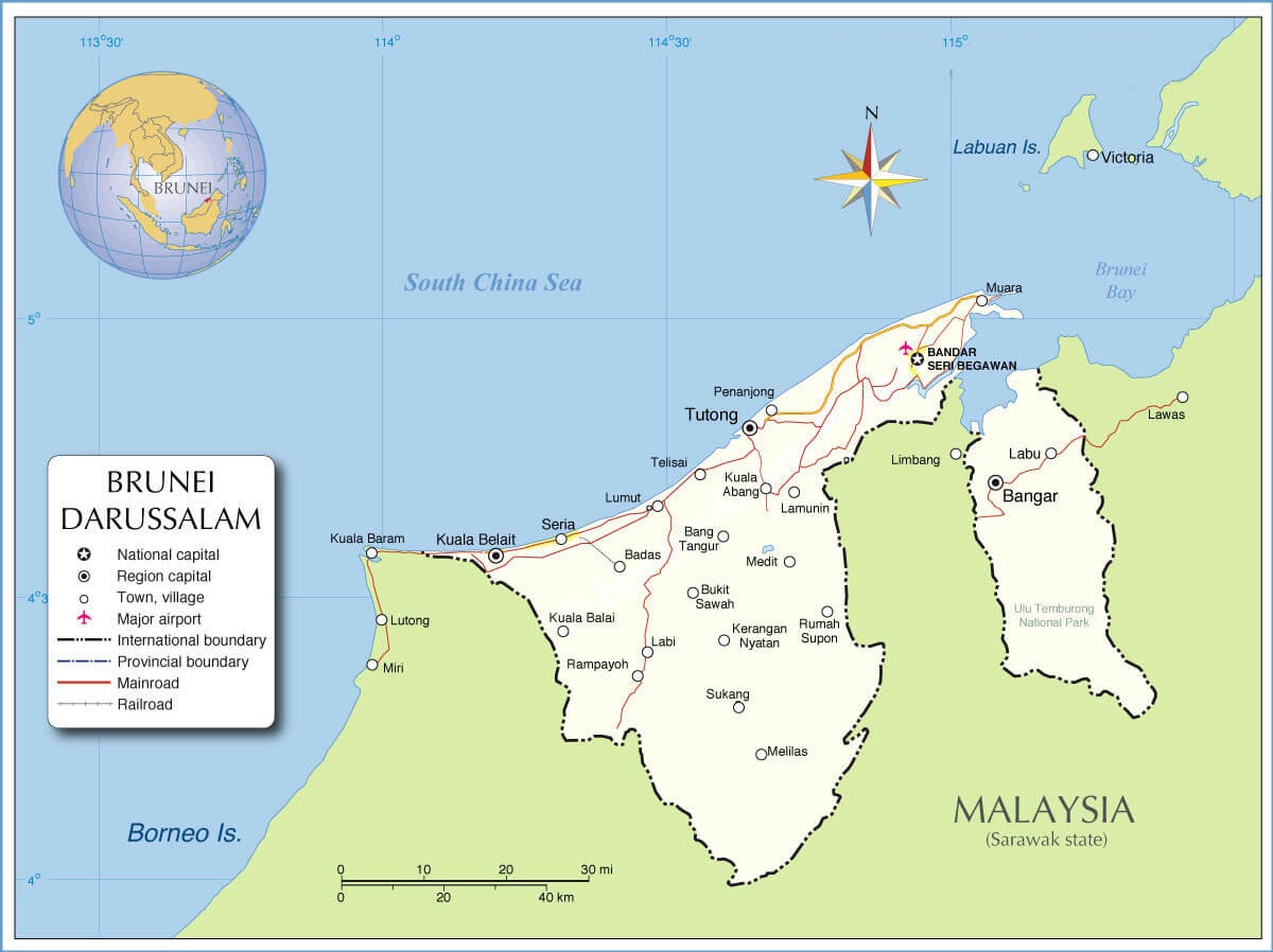 Map of Brunei showing cities, roads, regions, and neighboring Malaysia