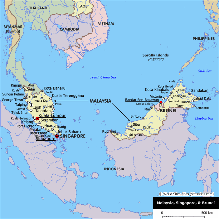 Map of Brunei, Malaysia, and Singapore with key cities and borders