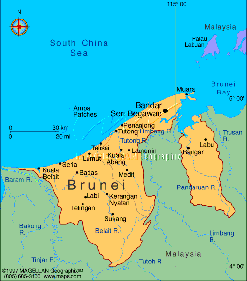 Map of Brunei showing major cities, coastline, and borders