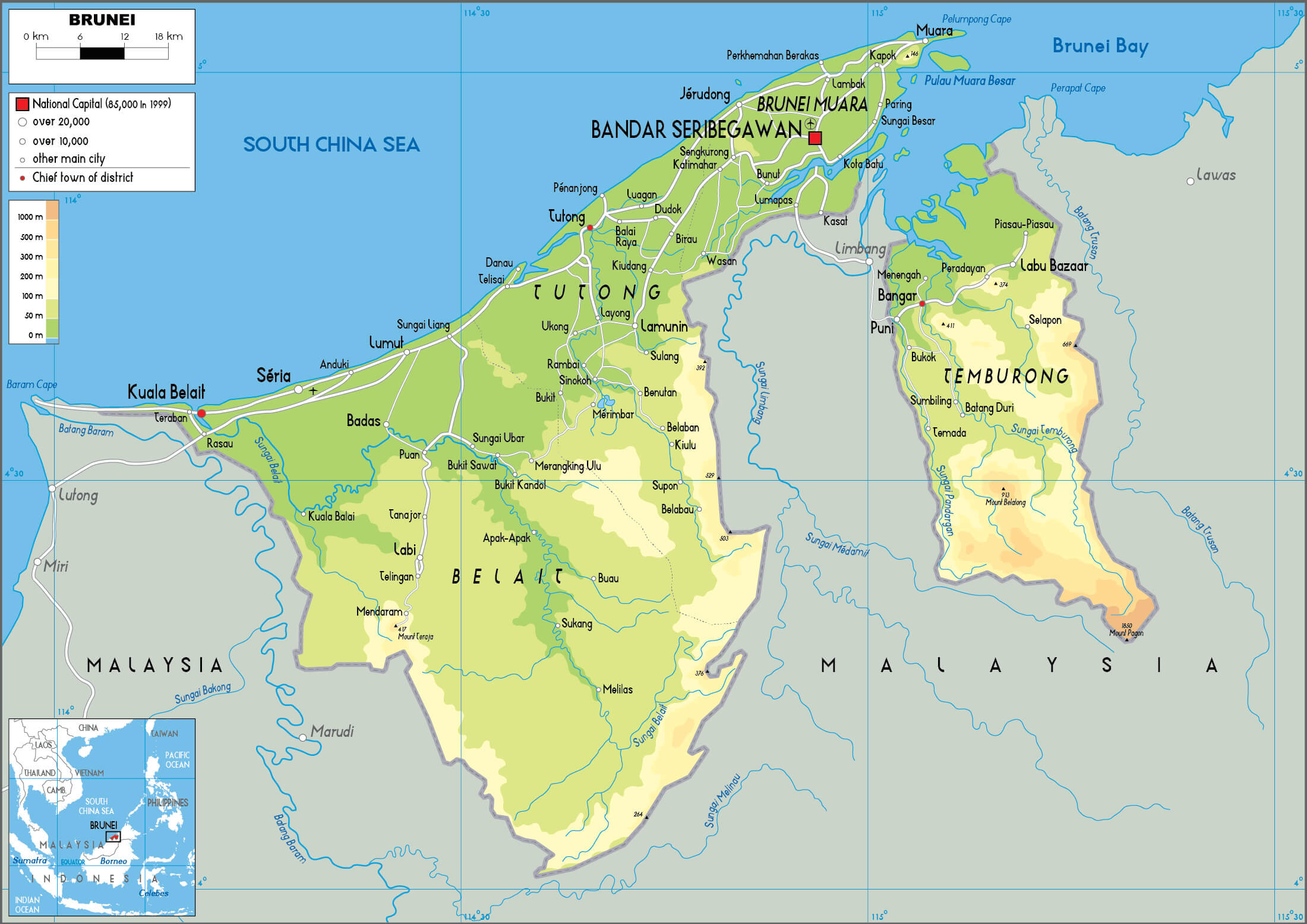 Brunei physical map with terrain, rivers, and elevation levels