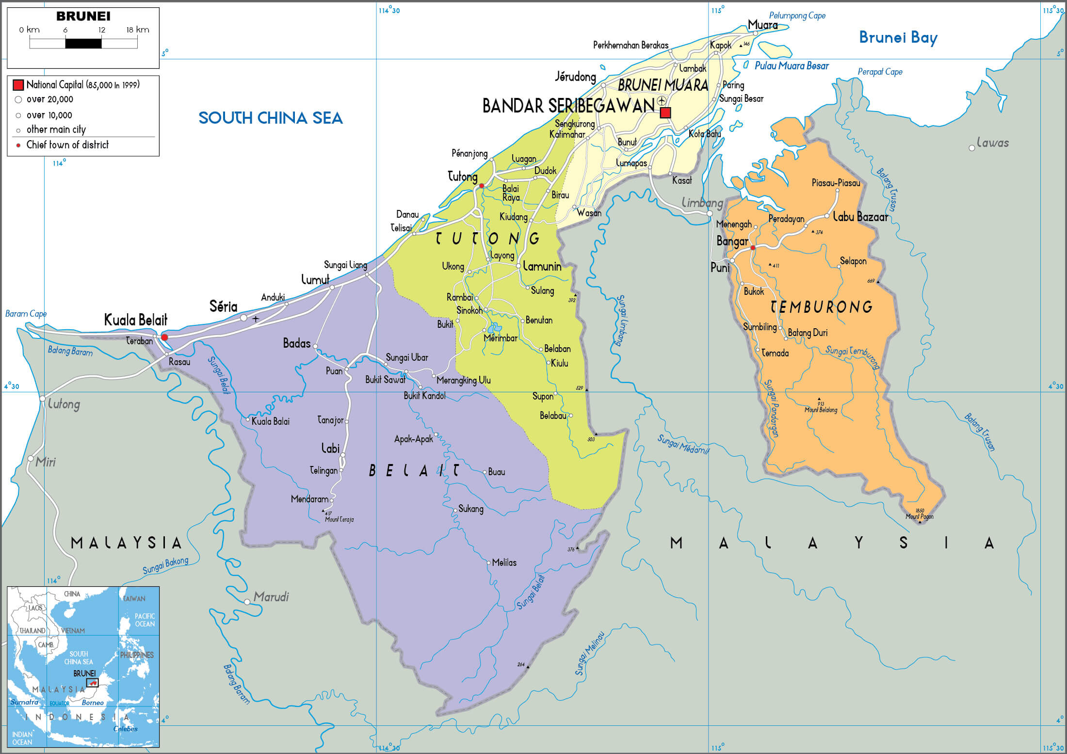 Brunei Political Map: Districts and Key Cities