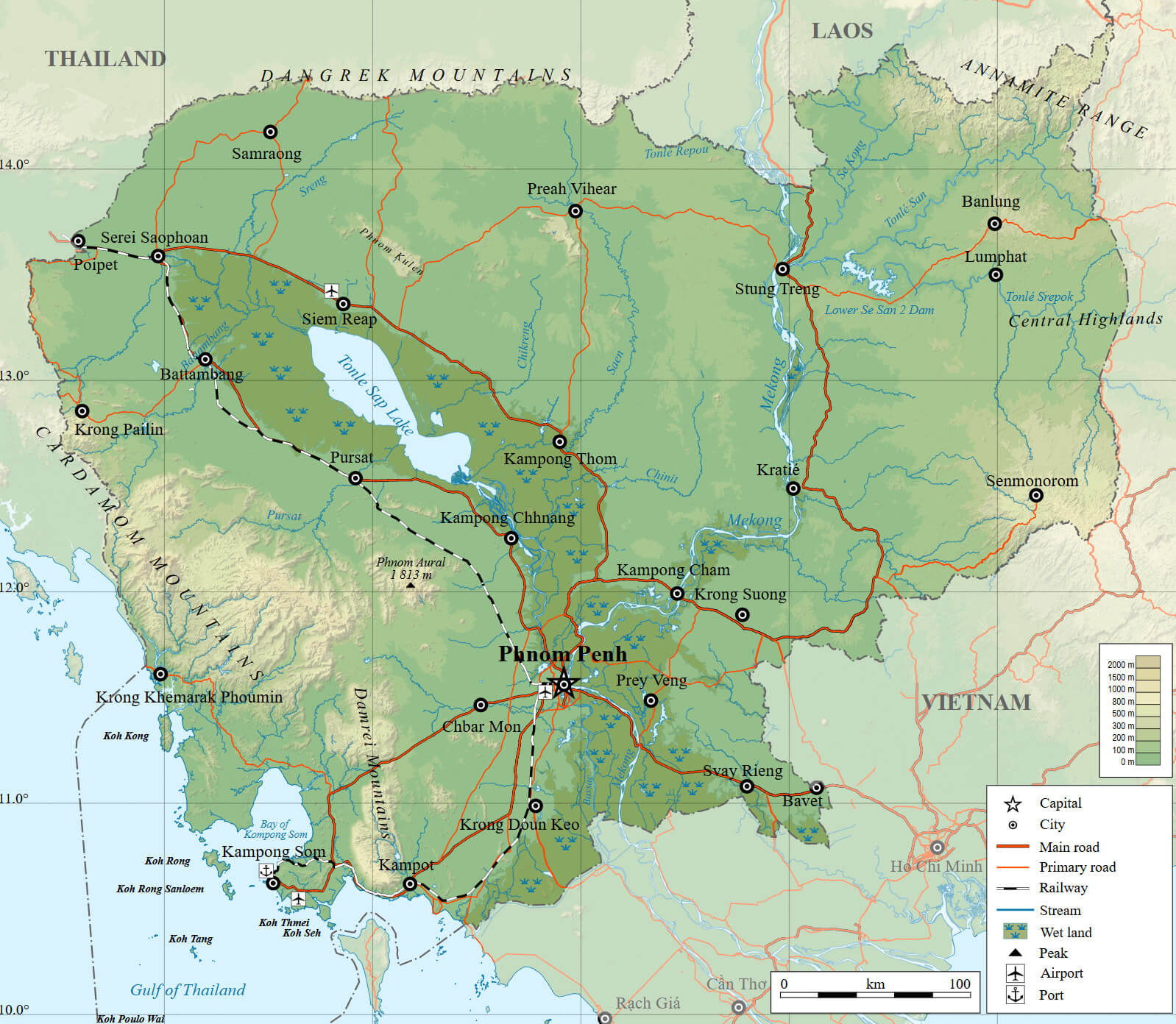 Cambodia Physical Map: Roads, Rivers, and Terrain