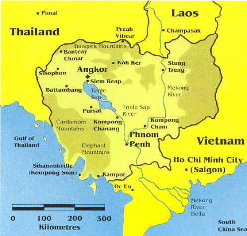 Map of Cambodia showing major cities, rivers, and borders