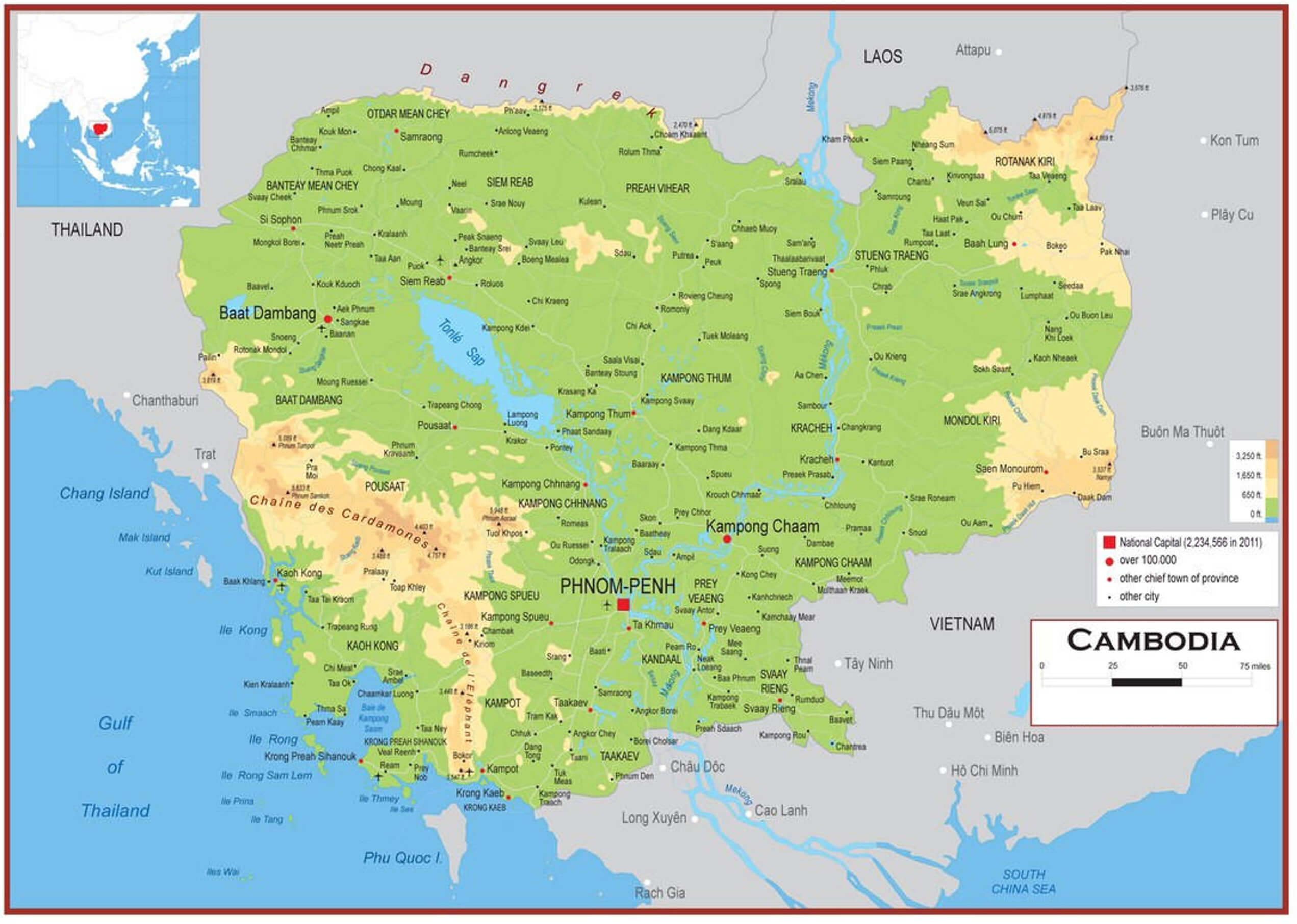 Cambodia Physical Map: Elevation and Natural Features