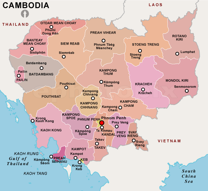 Map of Cambodia showing provinces, major cities, and borders