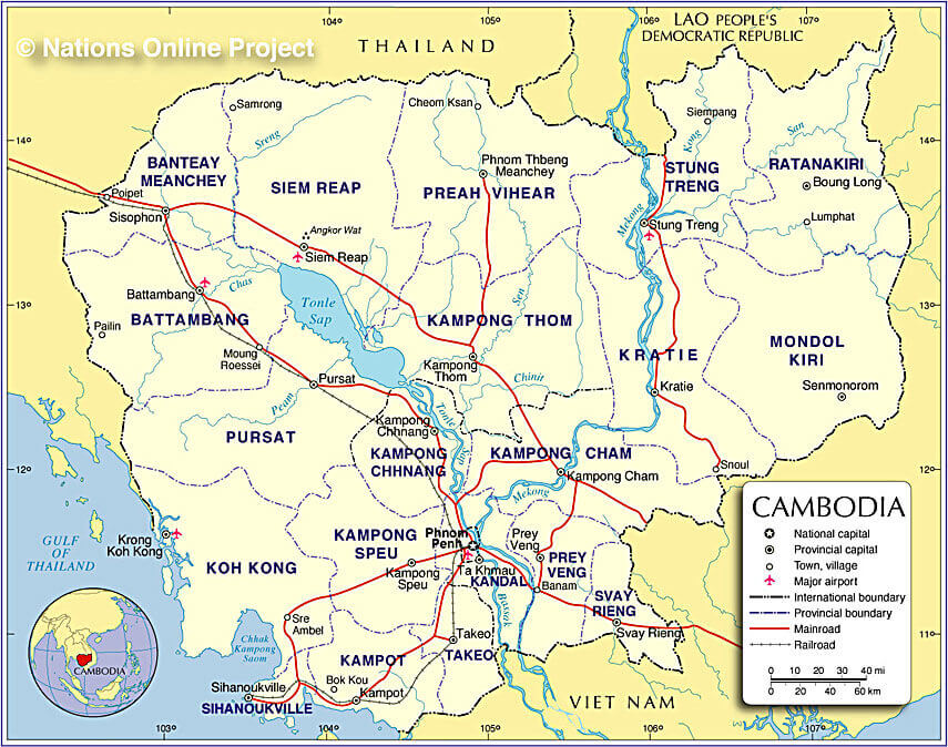 Map of Cambodia showing provinces, major cities, roads, and borders