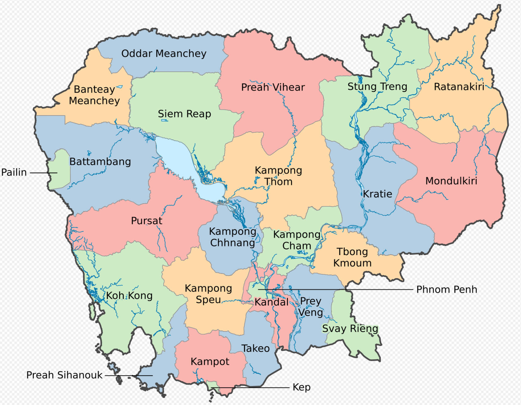 Map of Cambodia with provincial boundaries and major cities