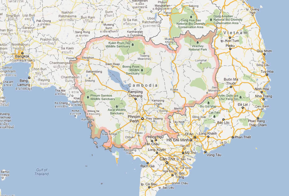 Map showing Thailand, Vietnam, Laos, and Cambodia with cities and borders