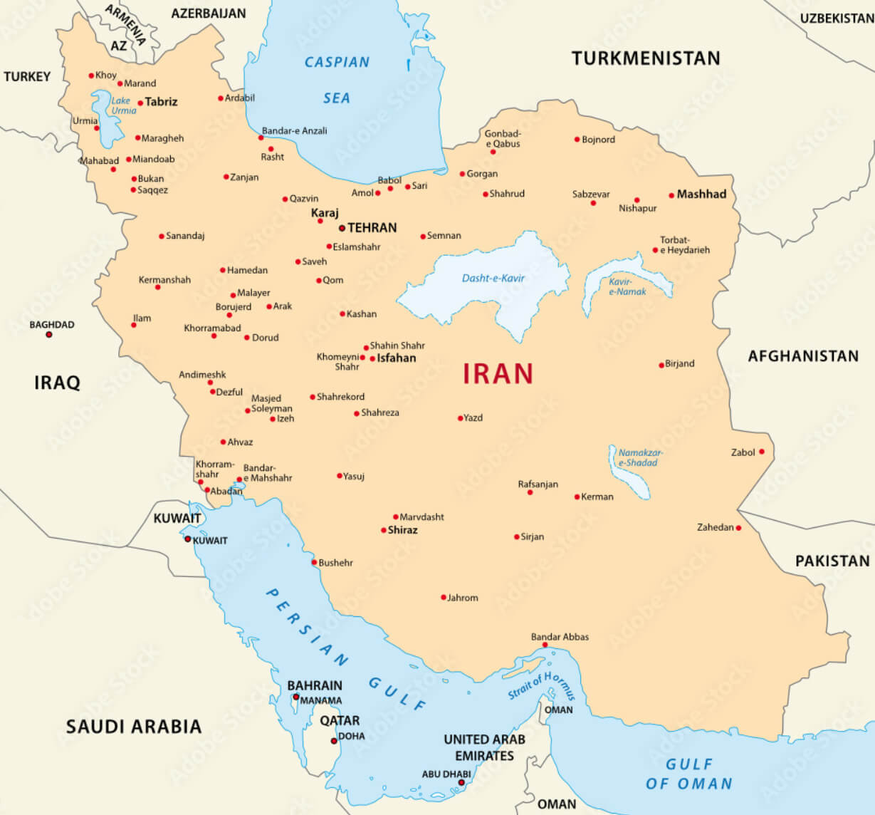 Iran Cities Map Map with Lakes