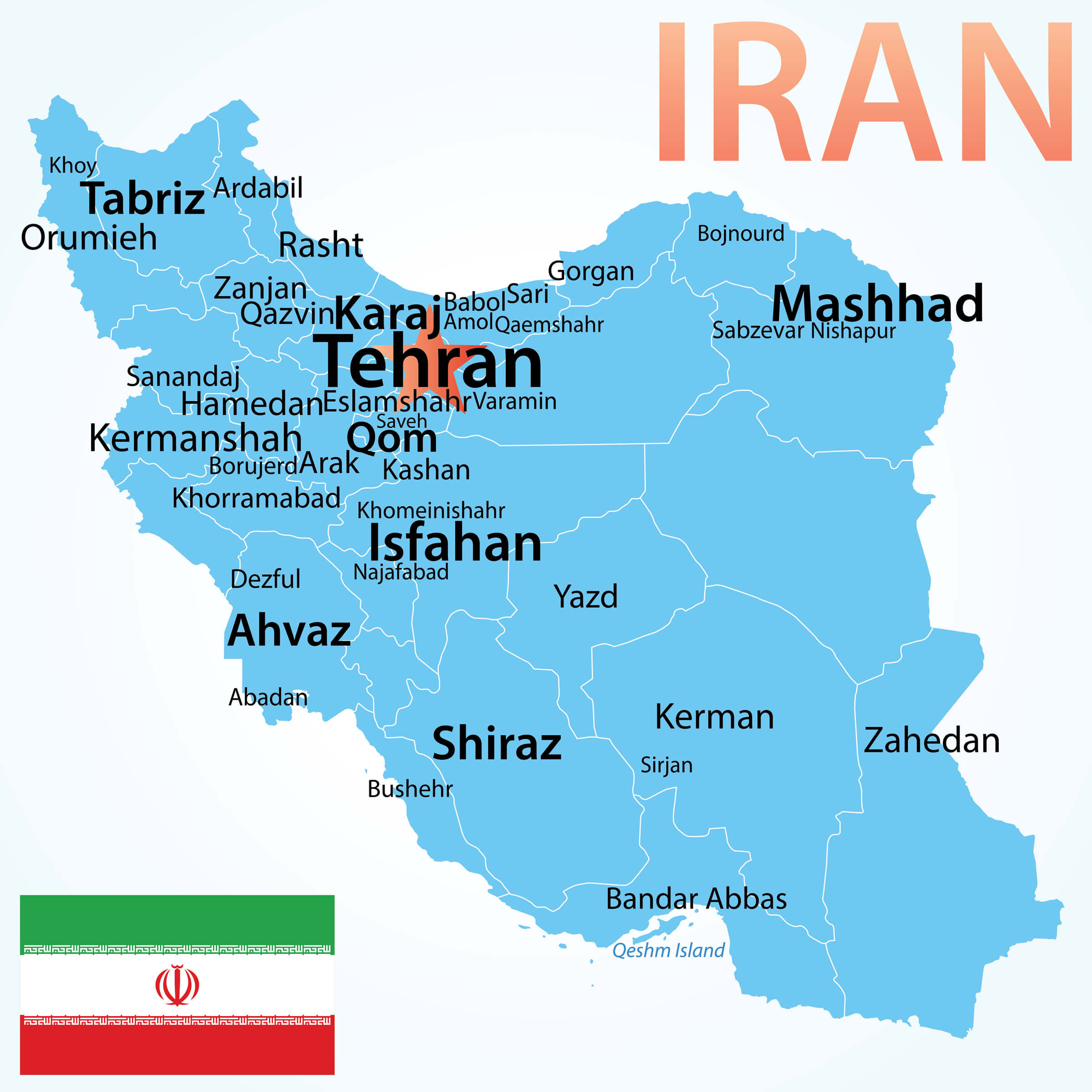 Iran vector map with largest cities