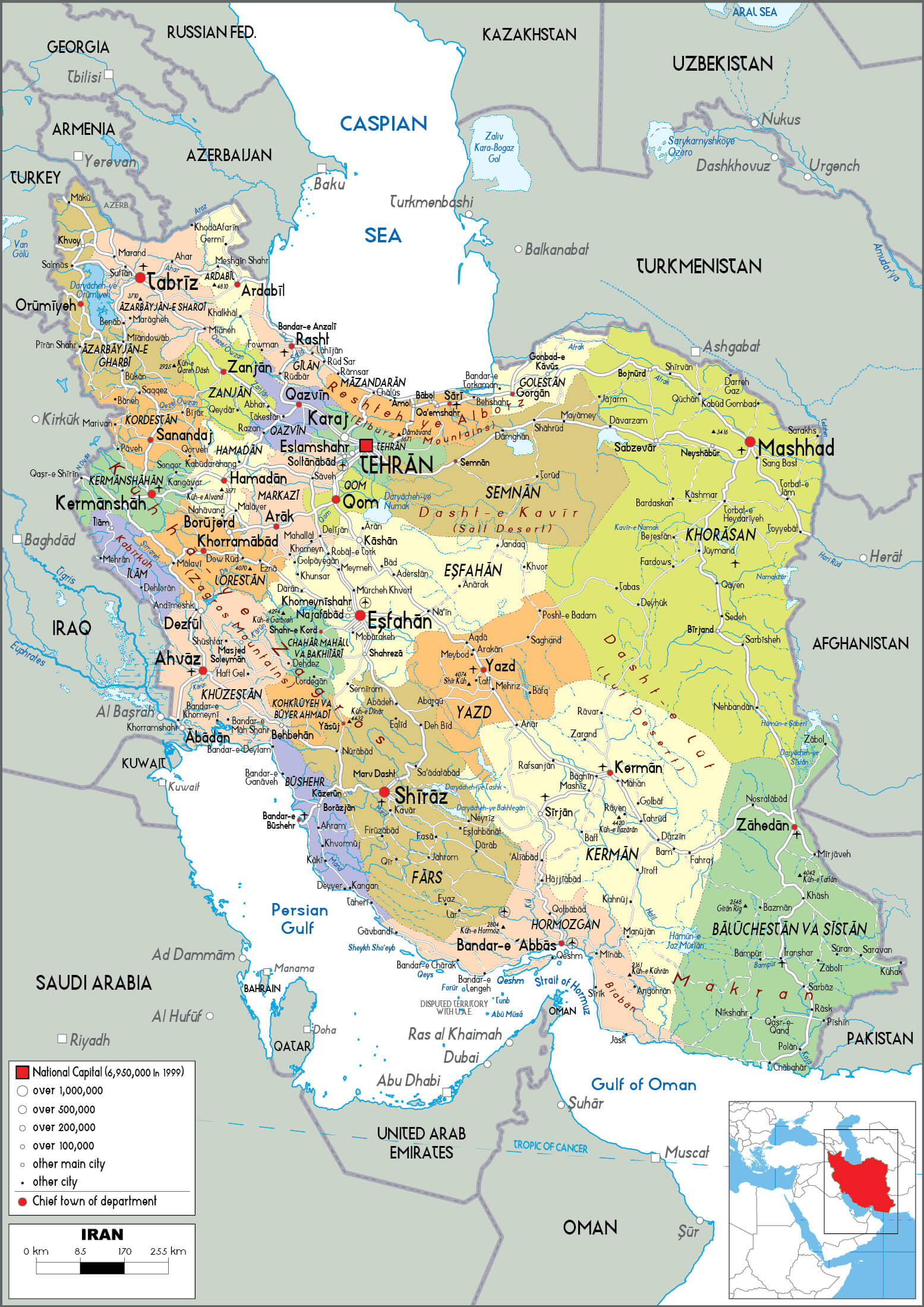 Iran Provinces Map with Largest Cities