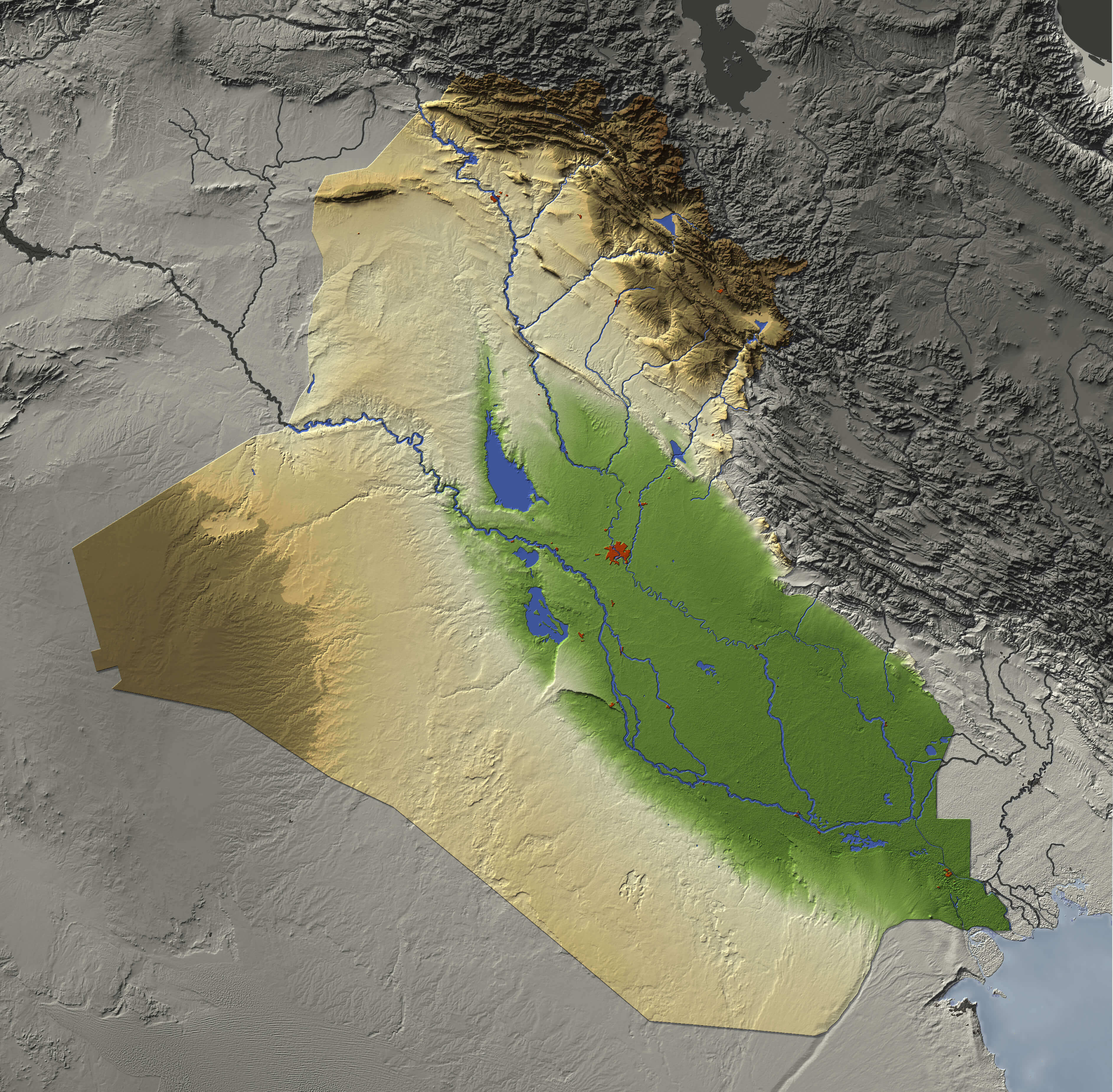 3D relief map of Iraq with major cities and rivers