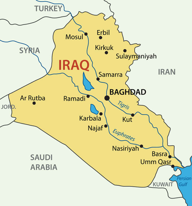 Map of Iraq with major cities including Baghdad, Basrah, Mosul, Erbil, and Kirkuk