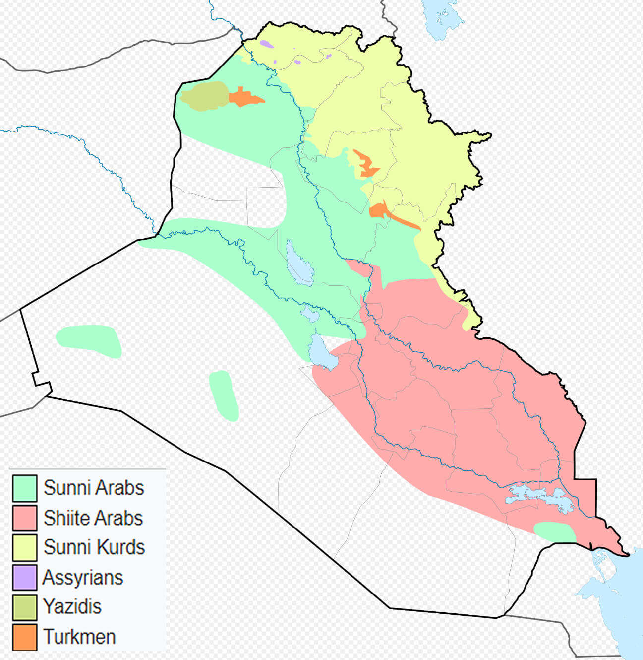 Map of Iraq with ethnic groups: Sunni Arabs, Shiite Arabs, Kurds, Assyrians, Yazidis, Turkmen