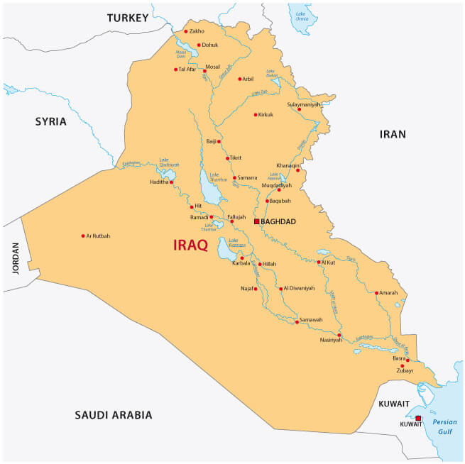 Iraq major cities map with rivers