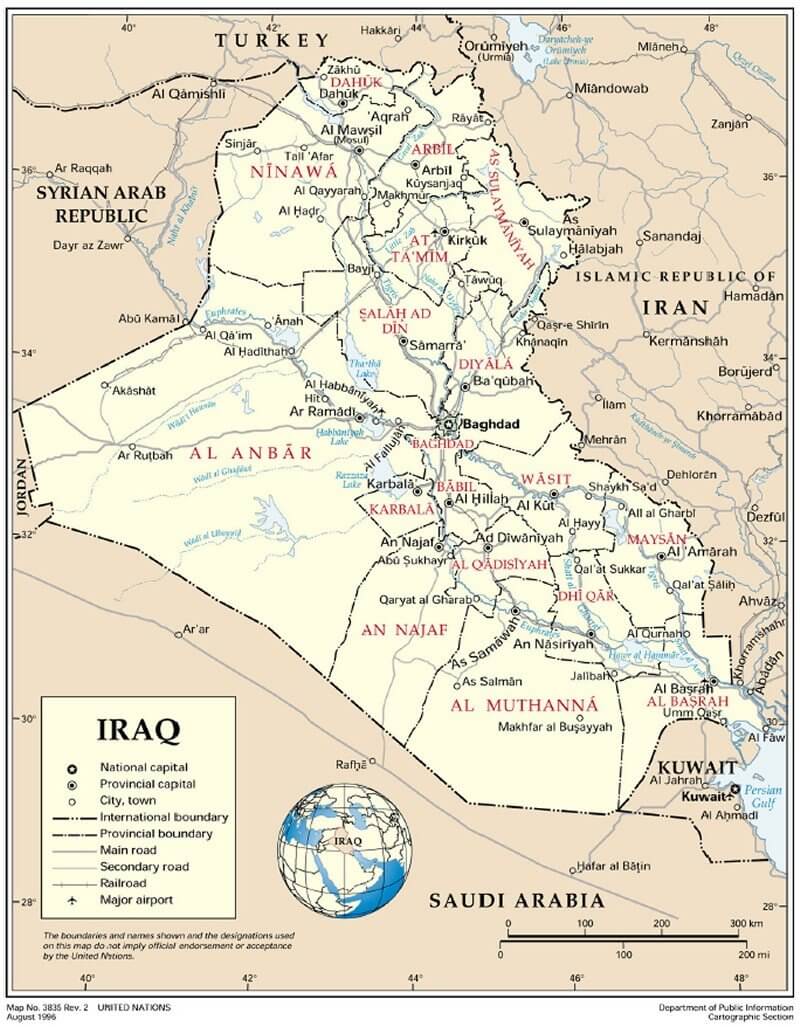 Map of Iraq showing provinces, major cities, and borders