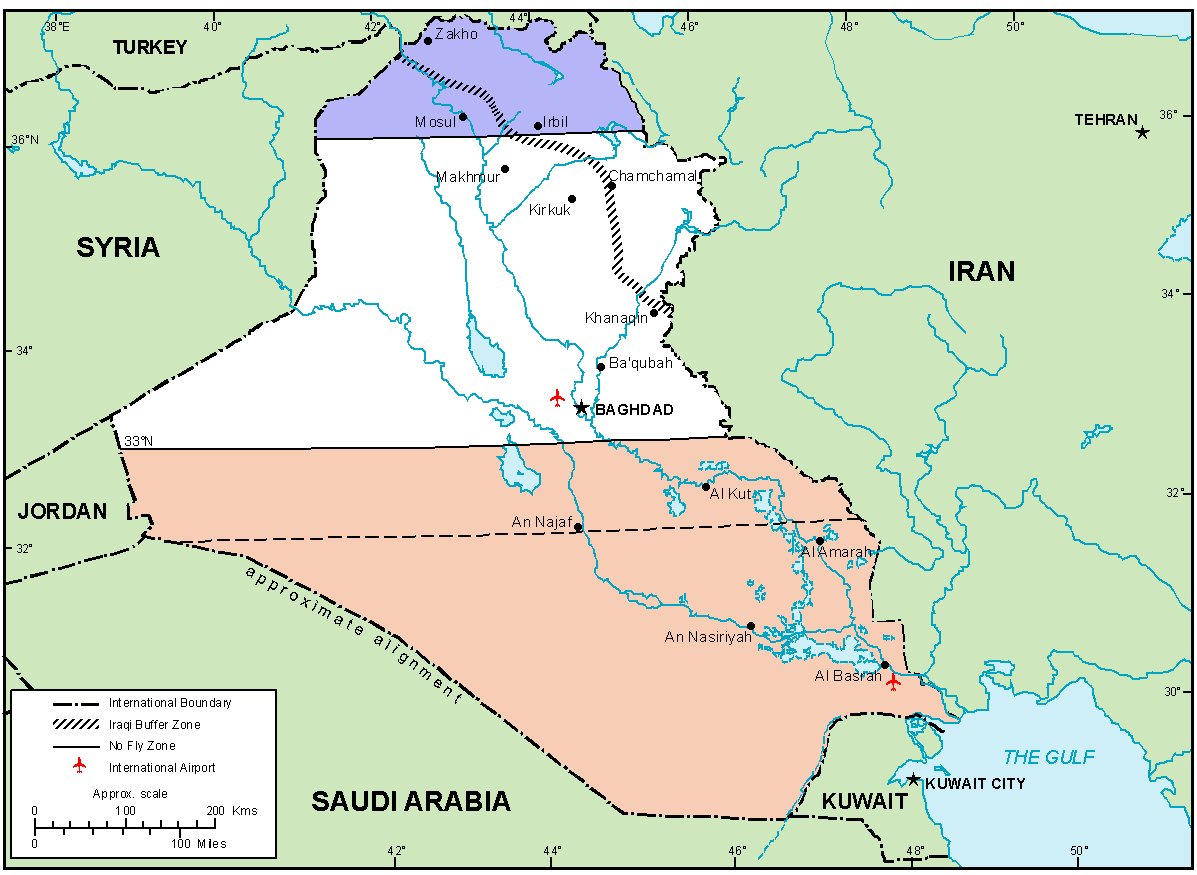 Map of Iraq showing no-fly zones, buffer zones, major cities, and borders