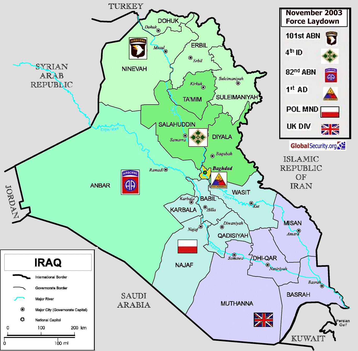 Map of Iraq showing provinces, major cities, and 2003 military deployment zones