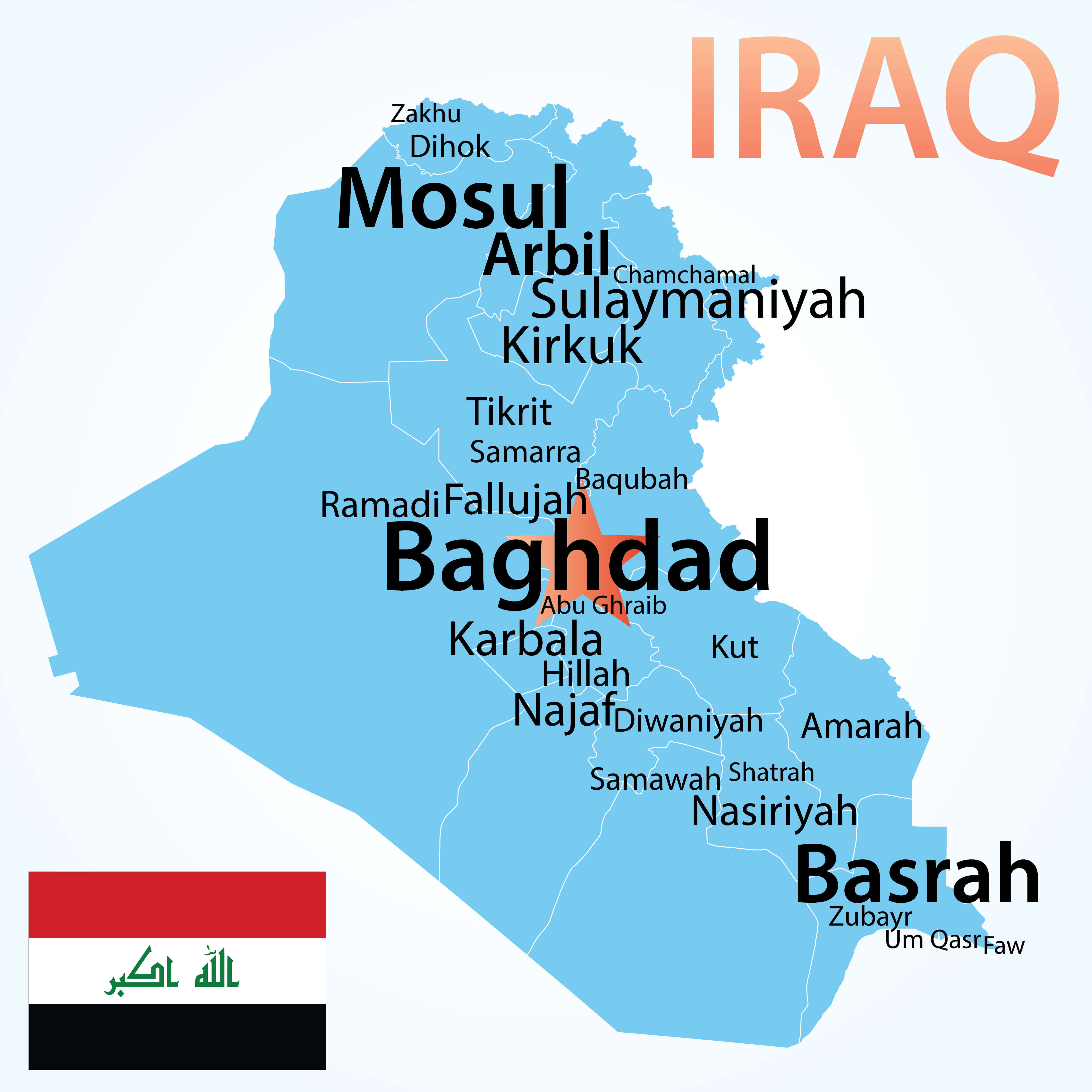 Iraq Map Highlighting Largest Cities and Regions