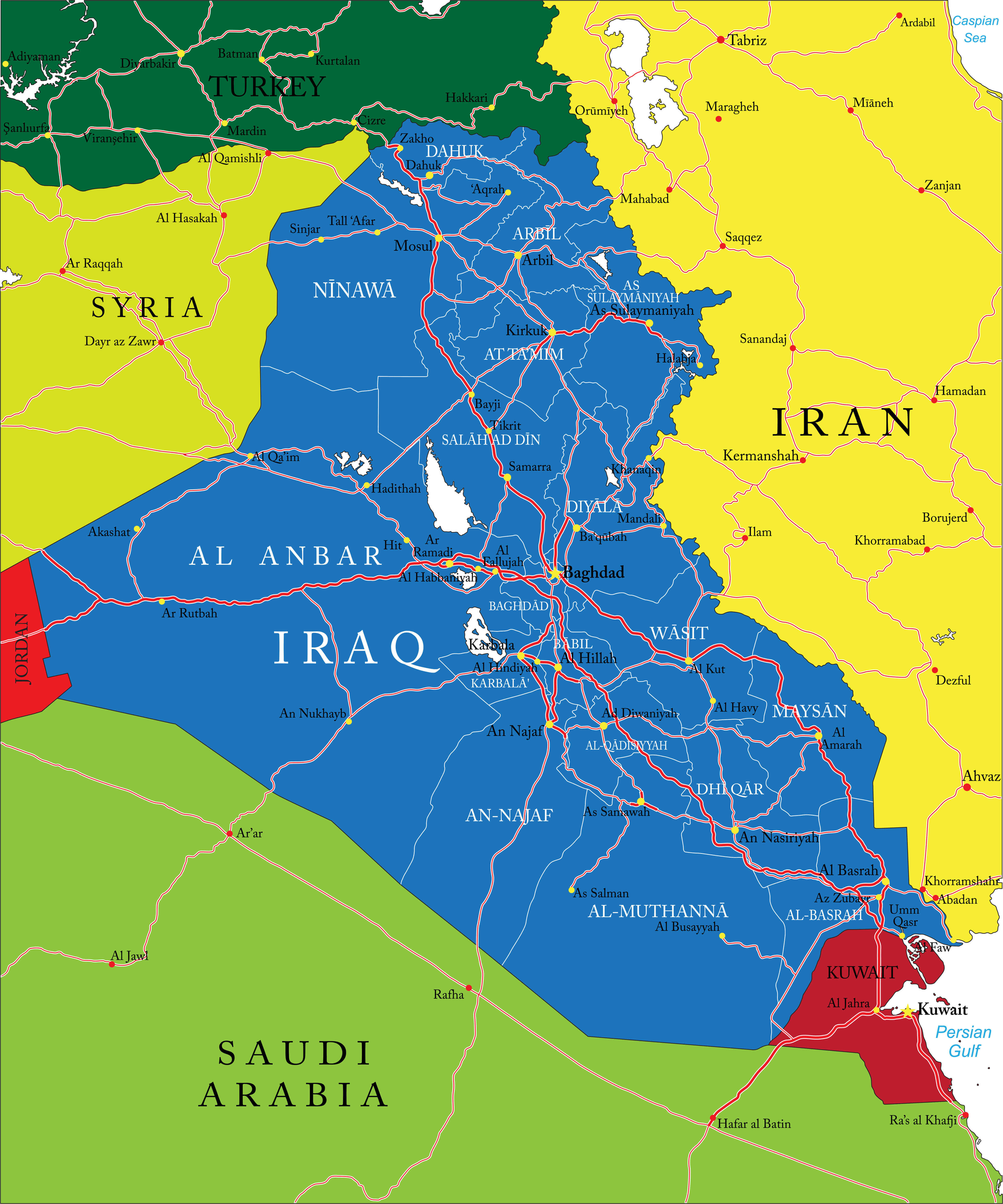 Iraq Political Map: Provinces and Neighboring Countries