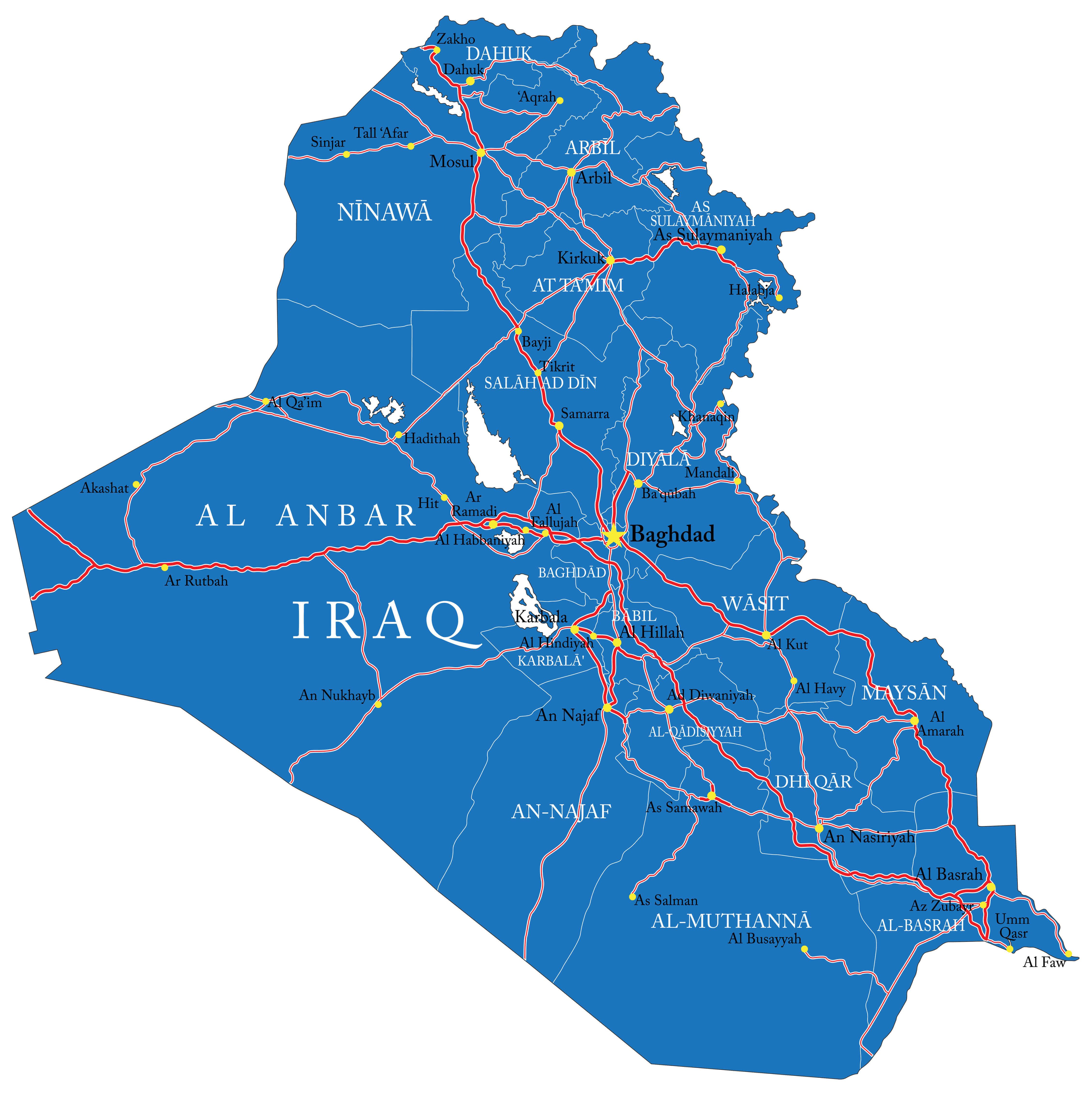 Map of Iraq with highways, major roads, and regional connectivity