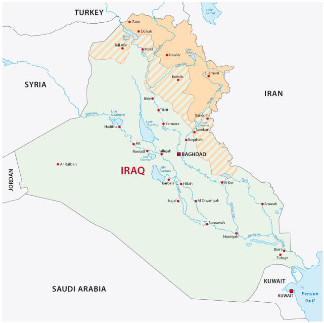 Map of Iraq with Iraqi Kurdistan region with key cities like Erbil and Sulaymaniyah