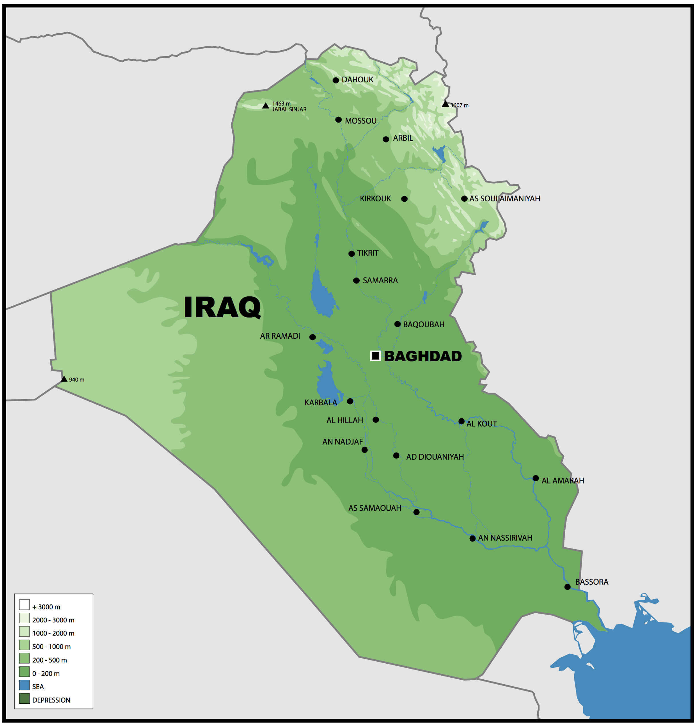 Physical Map of Iraq with Elevation