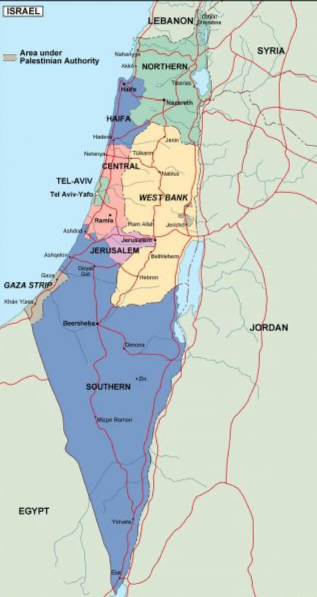 Israel Regions Map with- West Bank Gaza Strip