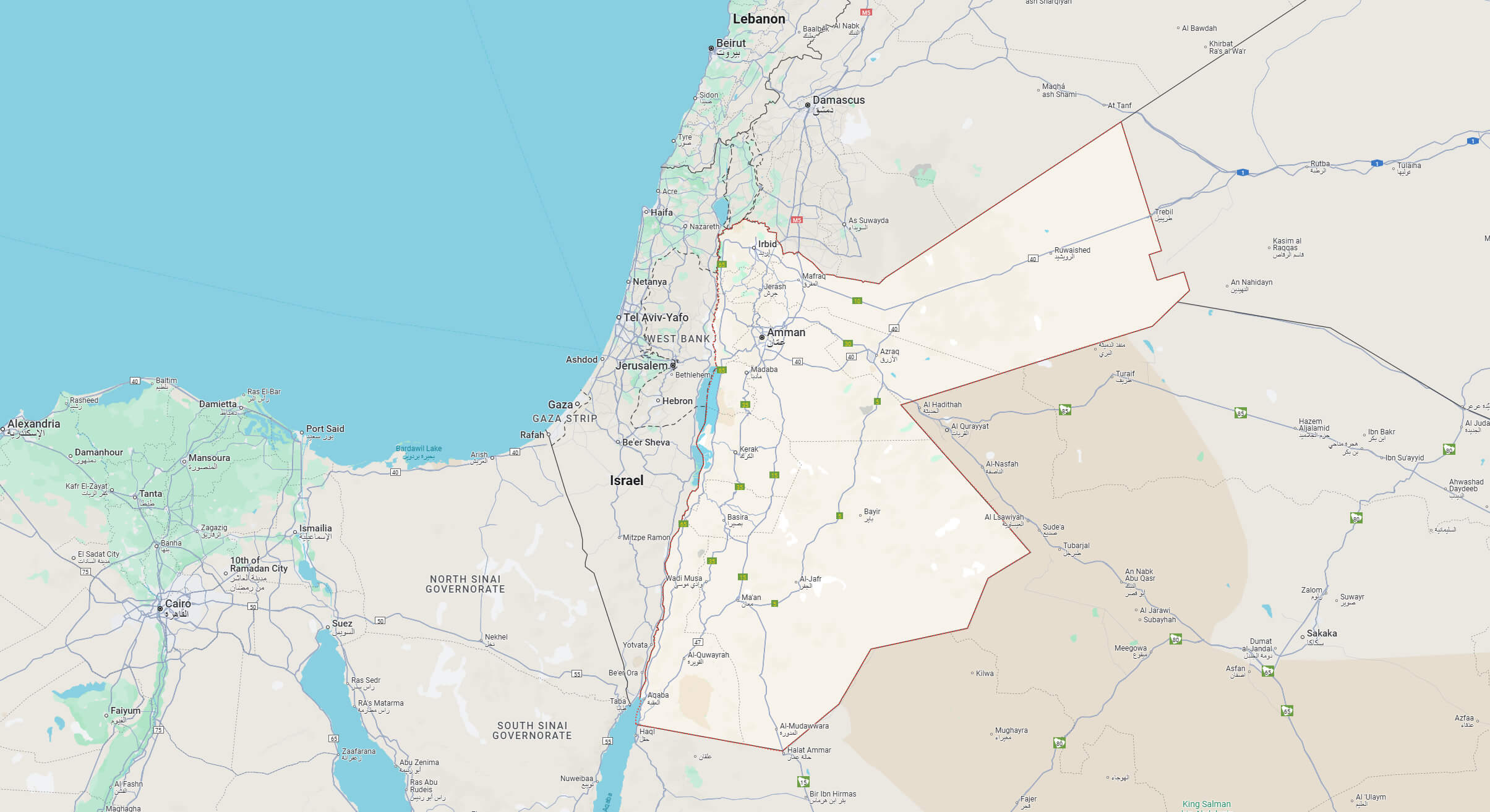 Jordan google map with national borders