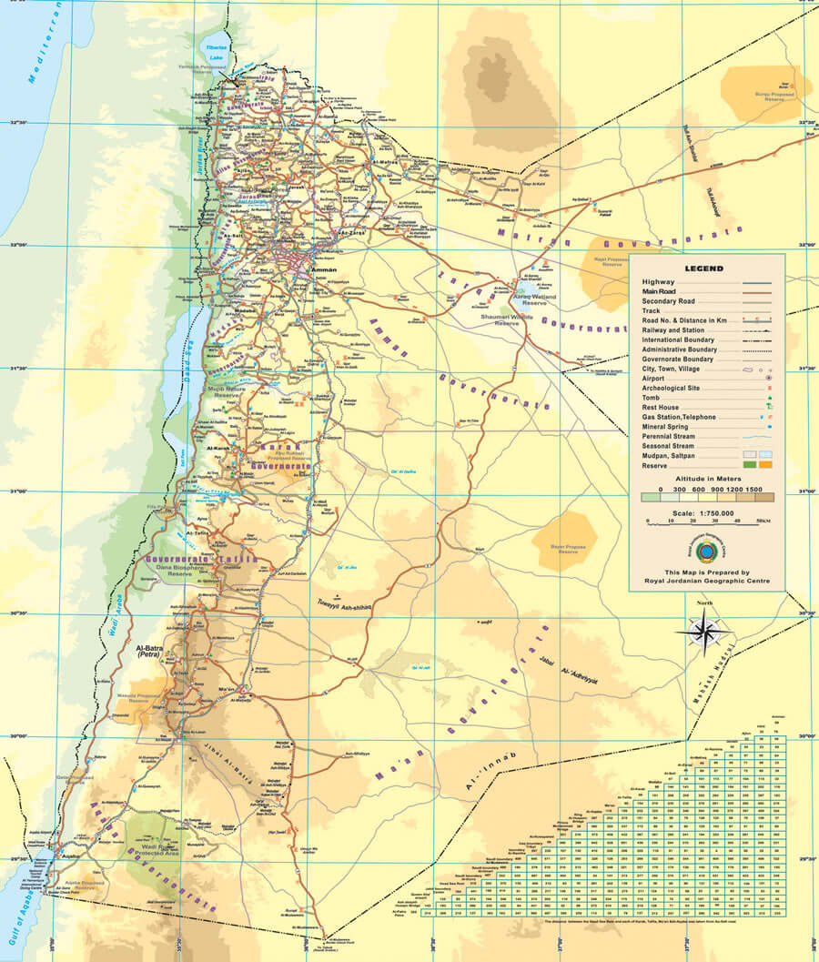 Map of Jordan showing highways, cities, elevation, and archaeological sites