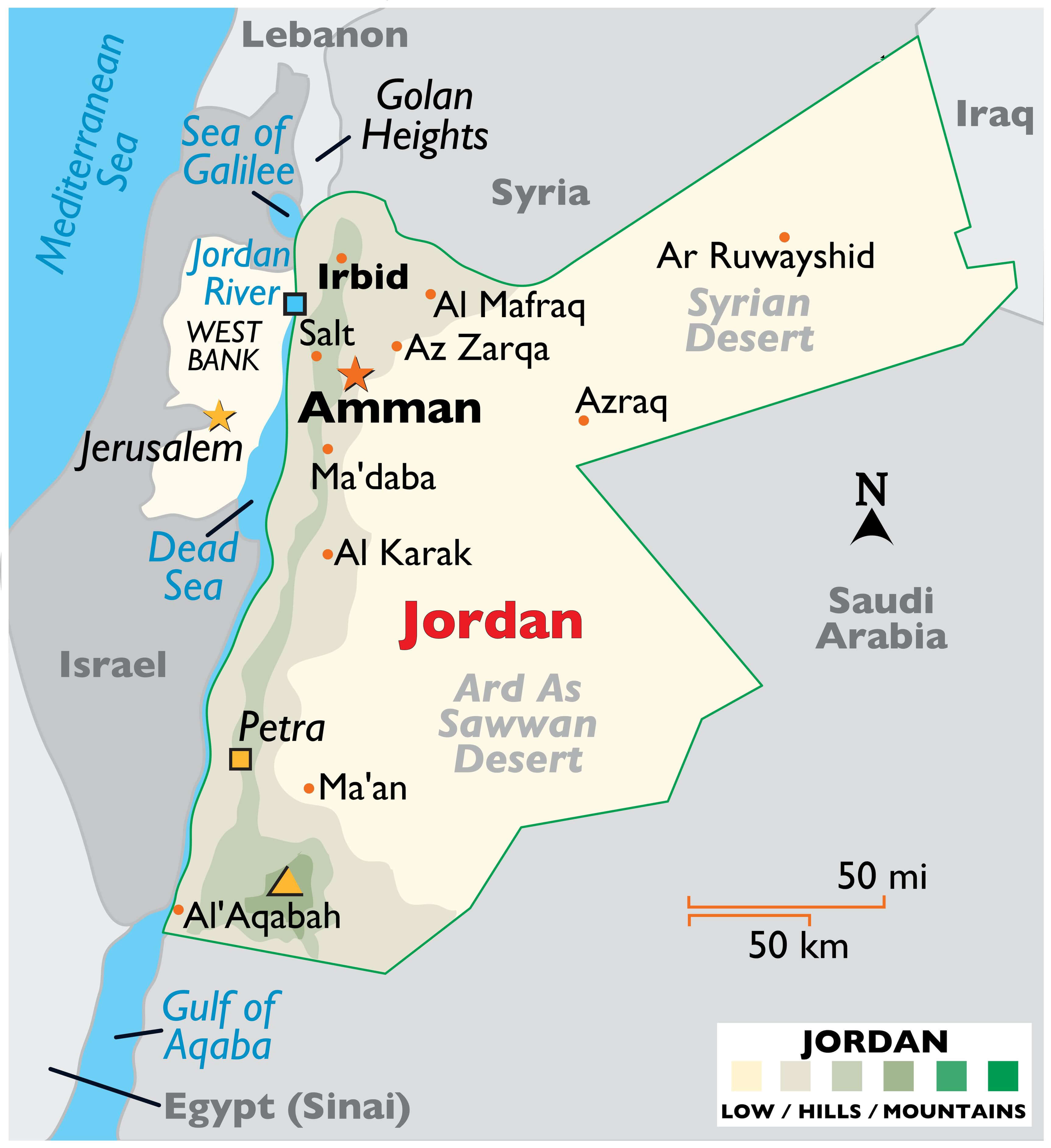 Jordan Map Highlighting Cities, Deserts, and Geographic Features