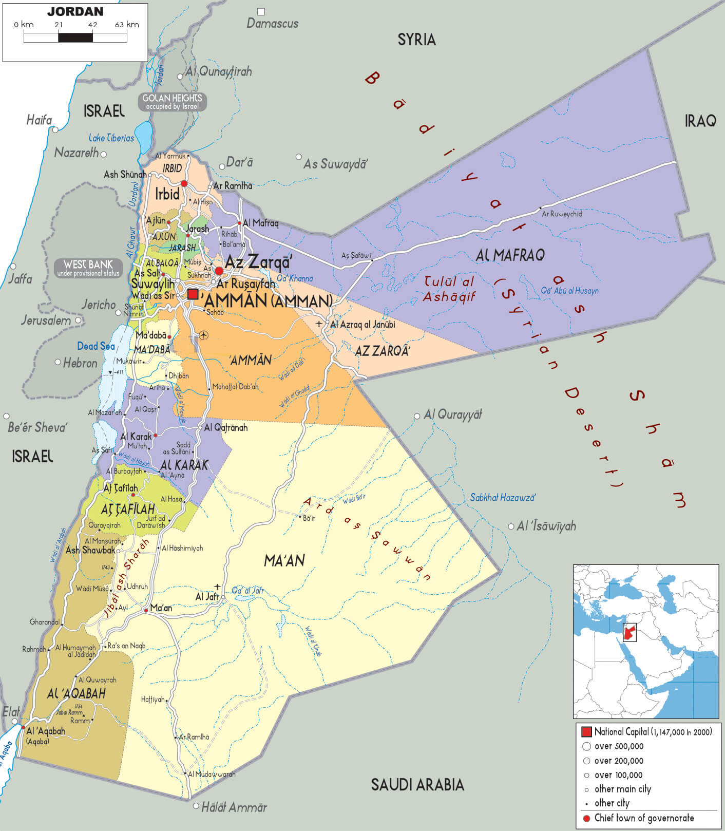 Jordan map with regions, highways, roads, and major cities including Amman and Aqaba