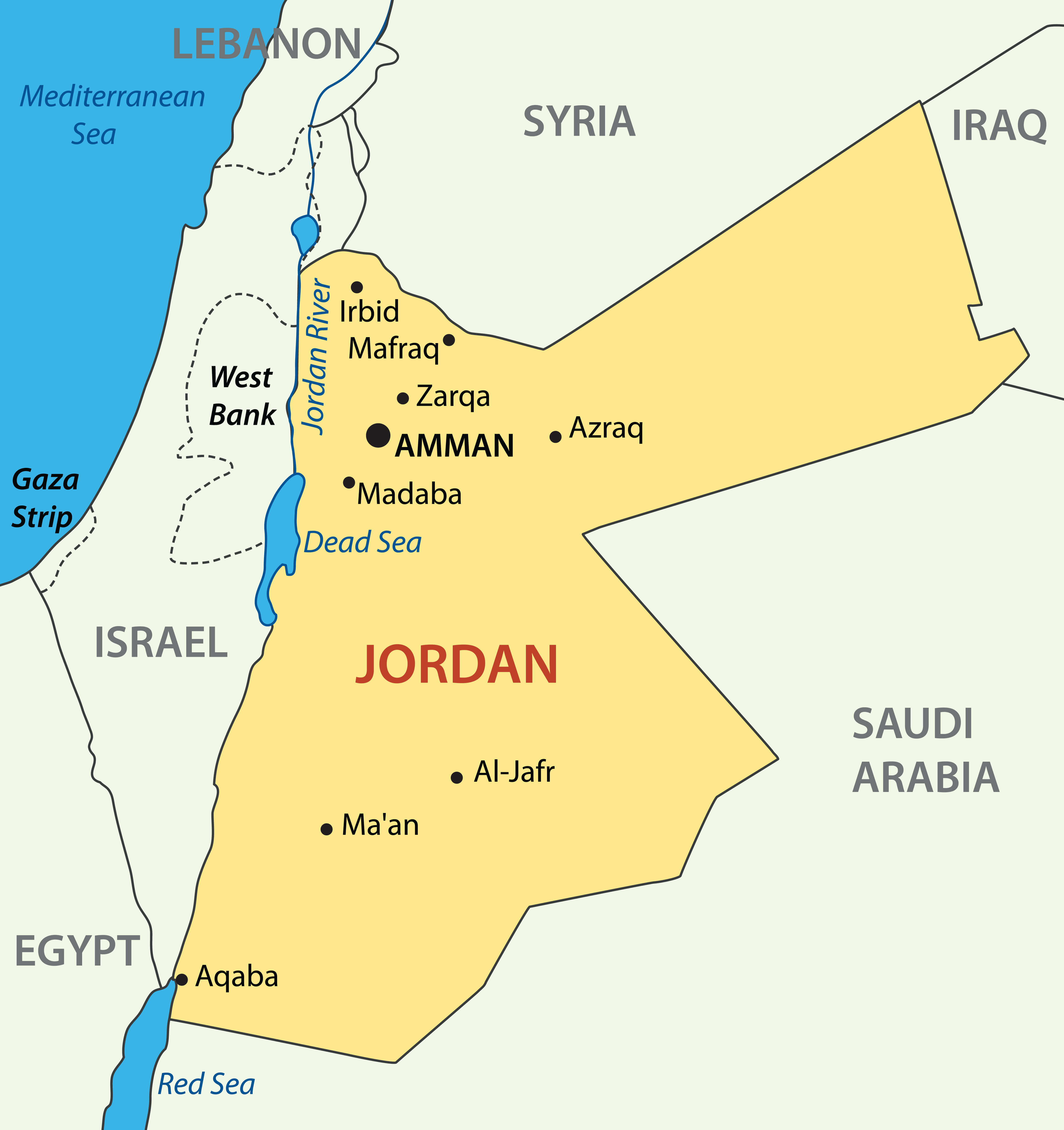 Jordan Map with Major Cities, Borders, and Geographic Features