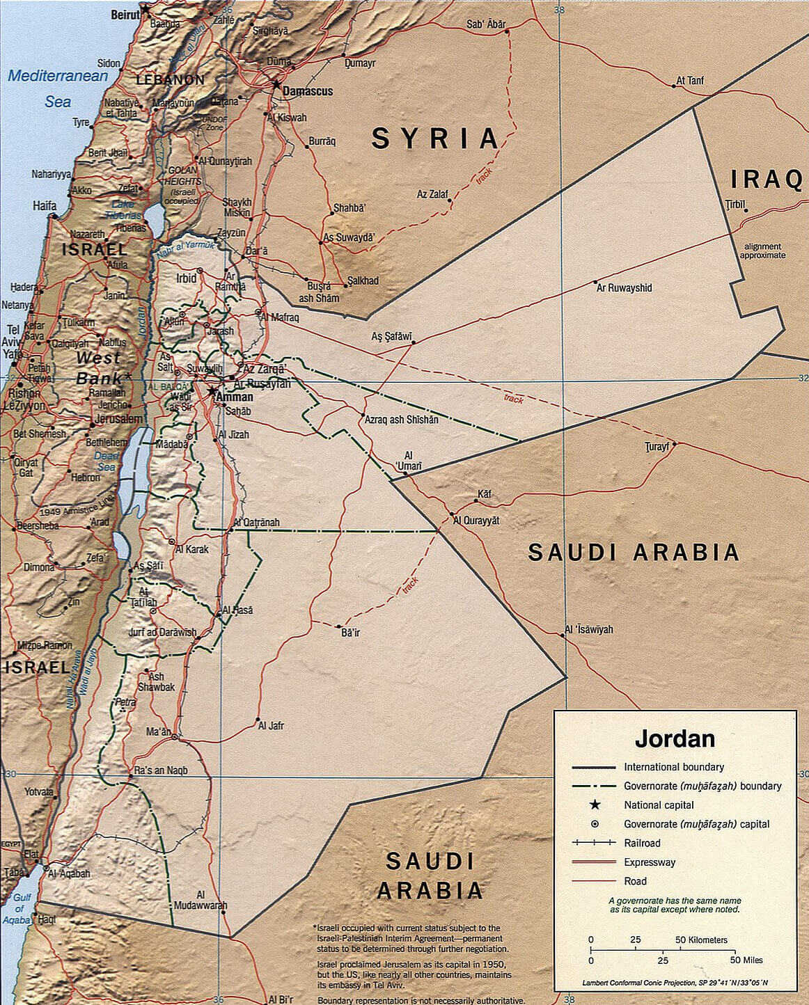 Jordan Physical Map with Roads, Railways, and Geographic Features