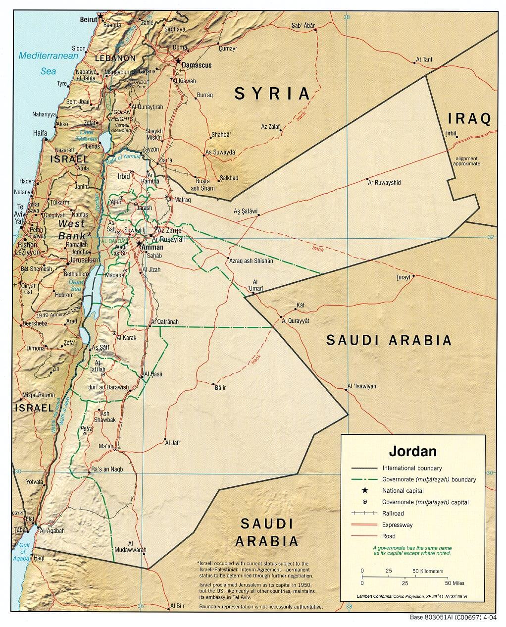 Jordan Physical Map with Terrain and Borders