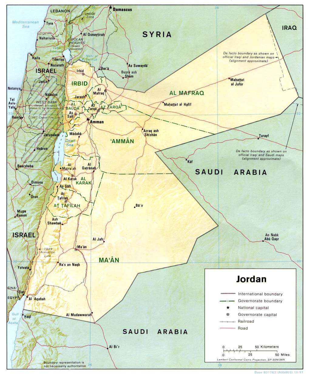 Map of Jordan showing governorates, international borders, and key cities