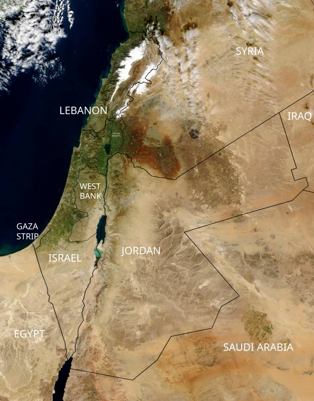 Jordan satellite map with neighbouring countries