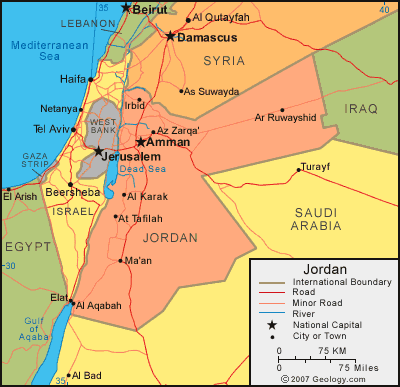 Map showing Jordan's borders, major cities, and neighboring countries