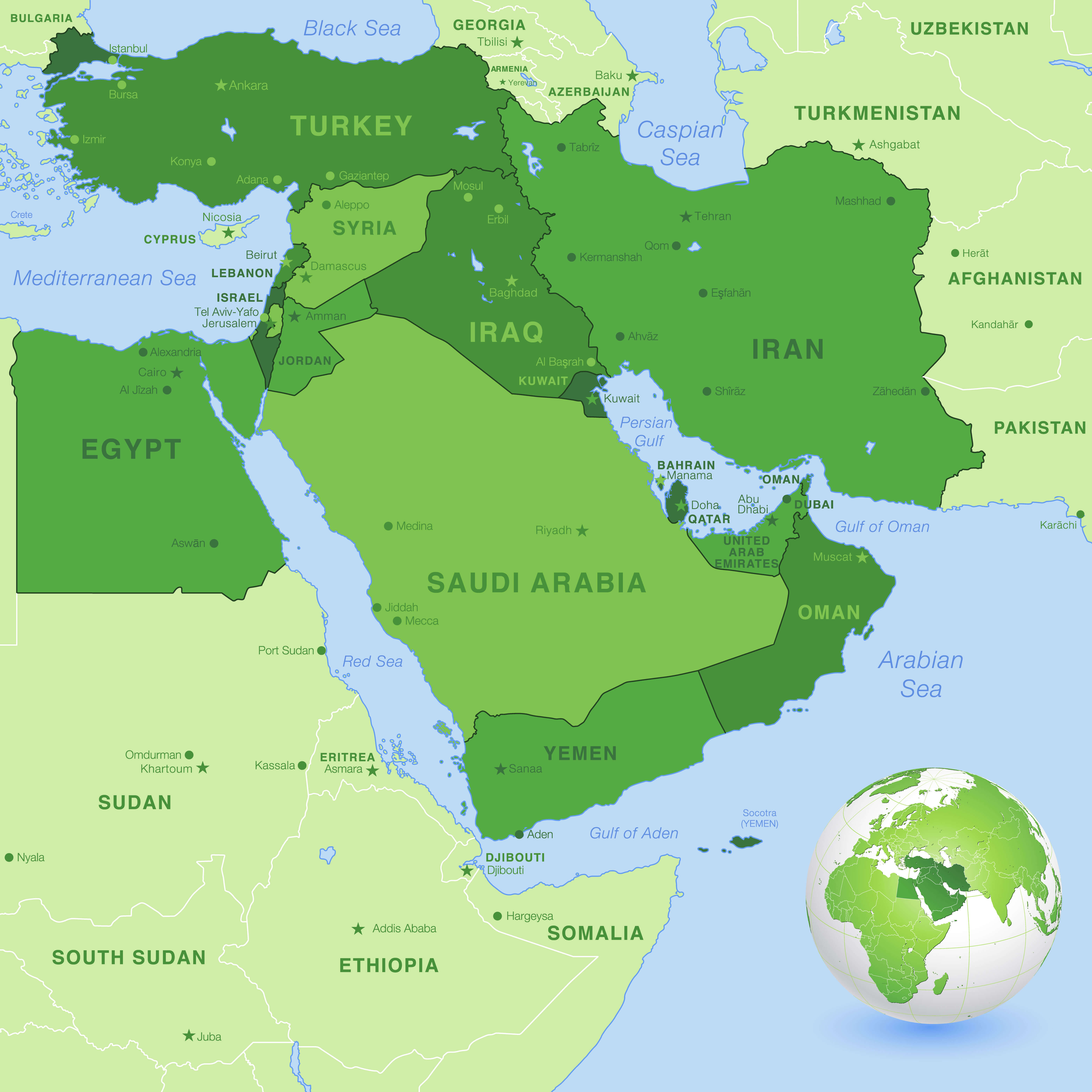 Middle East Political Map Featuring Jordan and Neighboring Countries